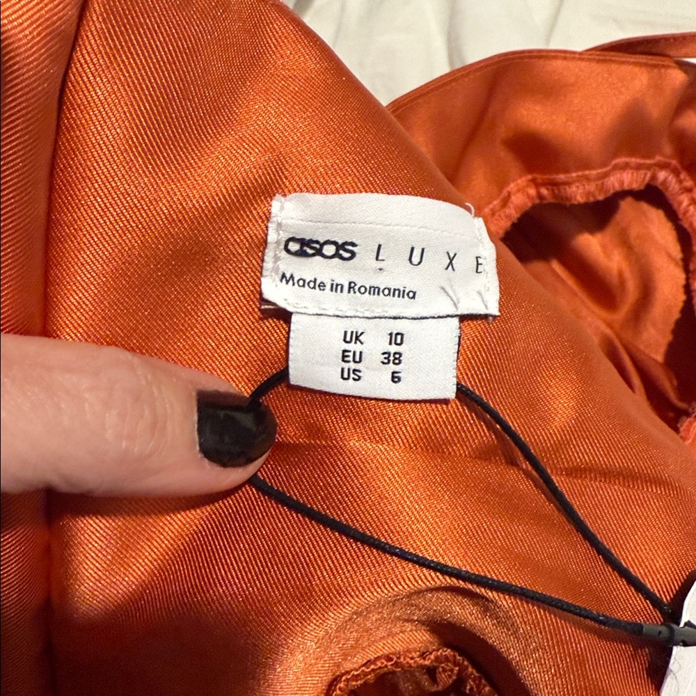 Asos Luxe Satin Babydoll Blouse Ruffle Blouson Sleeve Cinnamon Long Size 6 NWT - Picture 9 of 12